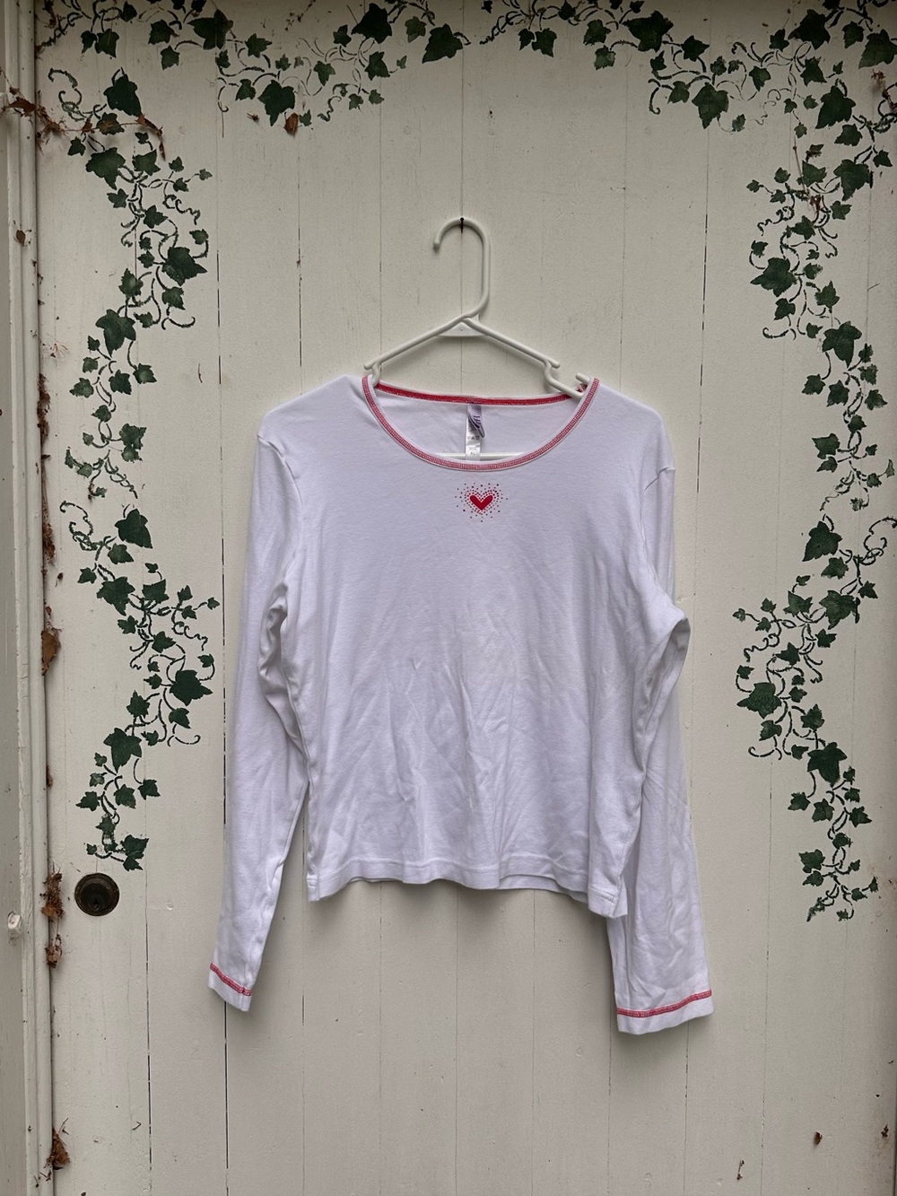 Y2K Whimsigoth 100% Cotton Graphic Long Sleeve with Pink Heart & Trim in White